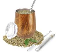 Ruikcoll Tasse à thé à double paroi en acier inoxydable résistant à la chaleur avec couvercle sans BPA, deux pailles et brosse de nettoyage (couleur du grain du bois)