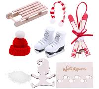 Ruikdly Accessoires de Lutin de Noël 9 Pièces, Chapeau, écharpe, Chaussures de Ski, Luge en Bois, Ski, Lutin Noël Empreintes Pas, Flocon de Neige, Accessoires de Lutin pour Porte de Lutin Décoration