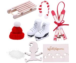 Ruikdly Accessoires de Lutin de Noël 9 Pièces, Chapeau, écharpe, Chaussures de Ski, Luge en Bois, Ski, Lutin Noël Empreintes Pas, Flocon de Neige, Accessoires de Lutin pour Porte de Lutin Décoration
