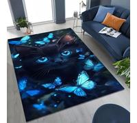 RUILBJM Tapis de Salon Grand Format,Motif Animaux Mignons Chat Fleurs Papillons pour Chambre d'enfant Garçon ou Fille,Tapis de Sol Décoratif pour Jeux d'enfants (Blue,160x230 cm)