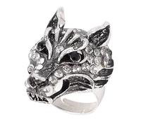 Ruilogod Lady strass décor argenté ton de la tête du loup anneau américain 6 1/2 noir