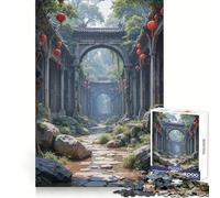 Ruines d'un Temple Asiatique envahies par la végétation avec lanternes Puzzle de 1000 pièces pour Adolescents Puzzle de mémoire Lumière relaxante Image à Assembler Cadeau Exquis (38x26cm)