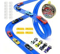 Ruioomeep Circuit de course portable pour enfants de 5 m - Double piste de course flexible avec 4 voitures en alliage léger - Rampes et sac de rangement - Jouet pour enfants à partir de 3 ans