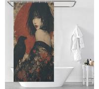 RUIOQAW Rideau de douche imperméable à séchage rapide résistant à la moisissure avec crochets Motif femme japonaise en kimono avec corbeau 90 x 180 cm