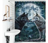 RUIOQAW Rideau de douche moderne en polyester imperméable, hydrofuge pour baignoire, cabine de douche, motif deux loups dans la forêt et la lune 136 x 180 cm