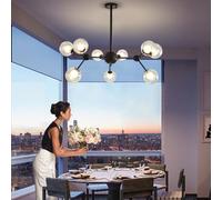 RuiRfh Éclairage moderne Spoutnik suspendu 12 lumières salon créatif suspension sphère en verre clair G9 lustre milieu du siècle grand plafonnier pour salle à manger cuisine îlot chambre bar(Black,9-L