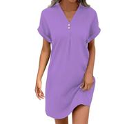 RUIRUILICO Robe Femme Chic Ete Manches Courts Côtelé Décontracté Col en V Robes Courte Grande Taille Bouton Tunique Robe de Plage Boheme Casual Dress