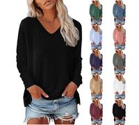 RUIRUILICO T Shirt Femme Manche Longue Col en V Automne Tee Shirt Décontracté Coupe Ample Confortable Blouse Casual Couleur Unie Tunique Tops