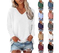 RUIRUILICO T Shirt Femme Manche Longue Col en V Automne Tee Shirt Décontracté Coupe Ample Confortable Blouse Casual Couleur Unie Tunique Tops