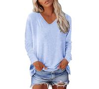 RUIRUILICO T Shirt Femme Manche Longue Col en V Automne Tee Shirt Décontracté Coupe Ample Confortable Blouse Casual Couleur Unie Tunique Tops