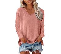 RUIRUILICO T Shirt Femme Manche Longue Col en V Automne Tee Shirt Décontracté Coupe Ample Confortable Blouse Casual Couleur Unie Tunique Tops