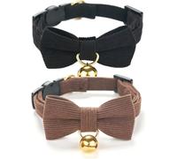 RUIRUIMING Lot de 2 colliers réglables en velours côtelé doux avec nœud papillon et clochette, collier réglable en coton pour chat mâle et garçon (noir et marron)