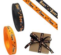RUIRUIMING Lot de 2 rouleaux de gros grain d'Halloween de 9,1 m, 0,95 cm de large avec impression « Boo », emballage cadeau noir et orange