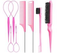 RUIRUIMING Lot de 8 pièces de cheveux avec 4 outils de queue de rat, 1 brosse à queue de rat, 1 peigne à dos lisse, 1 contrôle des bords, sourcils roses pour femme