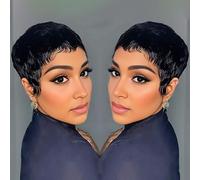 RUISENNA Perruque de cheveux humains courts pour femme noire - Sans colle - Fabriquée à la machine - Sans colle - À porter et aller - Avec frange - Pour un usage quotidien