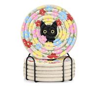 Ruispeed 6er Set - Dessous de Chat avec Support - Dessous de Verre en Coton Absorbant avec Motifs de Chats et de Fleurs, sous-Verres décoratifs pour Bureau, Bureau et Salon