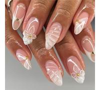 Ruispeed Short Almond Press-on Nails - Nude avec Bout français Blanc et Ligne dorée, Finition Gel Brillante, Ongles acryliques réutilisables avec Colle