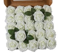 Ruiuzi Lot de 25 Roses artificielles réalistes avec Tige pour Bouquets de Mariage, centres de Table, fête de Mariage, décoration de Maison (Ivoire, 25pcs)