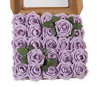 Ruiuzi Lot de 25 Roses artificielles réalistes avec Tige pour Bouquets de Mariage, centres de Table, fête de Mariage, décoration de Maison (Violet Clair, 25pcs)