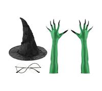 RUIXIA 3Pcs Ensemble de Déguisement Sorcière avec Chapeau de Sorcière Gants Verts avec Faux Ongles et Lunettes Set pour Halloween Carnaval Cosplay Fête