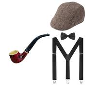 RUIXIA 4Pcs Accessoire Annee 20 Homme Accessoires de Costume Gatsby Gangster Deguisement Années 1920 avec Chapeau Bretelles Noeud Papillon Pipe pour Halloween Carnaval
