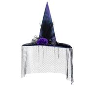 RUIXIA Chapeau de Sorcière Pour Femmes Chapeaux Pointus d'Halloween avec Voile et Fleur Accessoire de Costume Sorcière et Gothique pour Fêtes à Thème Carnaval Halloween Cosplay Fête Costumée