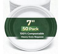 Ruiyang Lot de 50 assiettes jetables en bagasse blanches extra résistantes de 17,8 cm - 100 % compostables et biodégradables en fibre de canne à sucre, très résistantes et respectueuses de