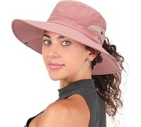 Ruizigeml Chapeau de soleil d'été pour femme - Chapeau de plage à large bord - Protection UV - Chapeau pliable en maille avec trou pour queue de cheval - Rose