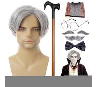 Rukjmqi Costume de grand-père, perruque et moustache de grand-père, 8 pièces/ensemble perruque à sourcils artificiels, lunettes, pour hommes, Perruque canne de marche, lunettes, Faux