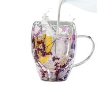 Rukjmqi Tasse créative en verre à double paroi de 350 ml avec de vraies fleurs séchées pour boissons chaudes et froides Cadeau spécial pour les amis femmes mères comme cadeau d'anniversaire