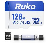 Ruko Carte Micro SD 128 Go avec lecteur et adaptateur, vitesse de carte mémoire jusqu'à 100 Mo/s, UHS-I, C10, A2, U3/V30, 4K UHD, carte TF longue durée pour appareil photo, smartphone, drone, console