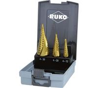 Ruko Terrax by Lot de 3 forets étagés HSS Acier rapide nitrure de titane denture droite, dans les tailles 0/9, solide, 2 en 1, pratique coffret en plastique 1, A101 126tro