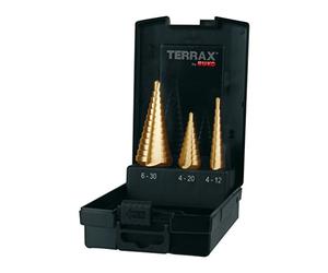 Ruko Terrax by Lot de 3 forets étagés HSS Acier rapide nitrure de titane denture droite, dans les tailles 0/9, solide, 2 en 1, pratique coffret en plastique 1, A101 126tro