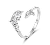 RUKYF Bague réglable en argent avec dauphin pour femme - Hypoallergénique - Plaqué or blanc 14 carats - Bague ouverte réglable avec design en filigrane - Bijou océan délicat pour un usage quotidien