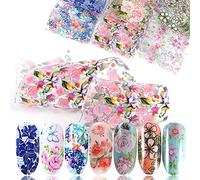Ruluti 10pcs Ongles Fleurs Foil Set Designs Mixtes Transfert Nail Art Autocollant Starry Papier Adhésif Floral Impressions Nail Art Décor