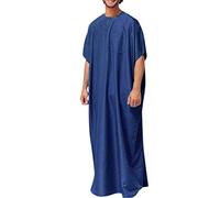 RUMAOZIA Caftan Robe musulmane pour homme Caftan à manches courtes Couleur unie Robe arabe Abaya Robe de prière pour homme Islam Ethnique Ramadan Robe maxi, O bleu marine, M