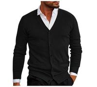 RUMAOZIA Cardigan en tricot pour homme - Col en V - Boutonné - Tricoté fin - Classique - Hiver - Chaud et doux - Avec boutons - Manches longues - Pull en tricot léger, O Noir., XL