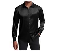 RUMAOZIA Chemise à manches longues en satin brillant pour homme - Coupe ajustée - Chemise ample - Chemise décontractée - Chemise décontractée - Chemise d'affaires - Chemise de fête - Mariage, O Noir.,