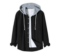 RUMAOZIA Chemise à manches longues en velours côtelé pour homme - Coupe décontractée - Avec capuche - Bloc de couleurs - Doux et chaud - Veste de loisirs - Coupe droite - Avec poches, O Noir., L