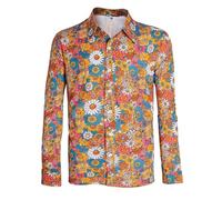 RUMAOZIA Chemise colorée à manches longues pour homme - Style hippies des années 70 - Arc-en-ciel - Rétro - Fleurs hawaïennes - Chemise décontractée - Chemise hawaïenne funky - Chemise de fête - Mode