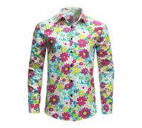 RUMAOZIA Chemise colorée à manches longues pour homme - Style hippies des années 70 - Arc-en-ciel - Rétro - Fleurs hawaïennes - Chemise de loisirs funky hawaïenne - Chemise de fête - Chemise de rue -