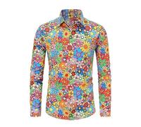RUMAOZIA Chemise colorée à manches longues pour homme - Style hippies des années 70 - Arc-en-ciel - Rétro - Fleurs hawaïennes - Chemise de loisirs funky hawaïenne - Chemise de fête - Chemise de rue -