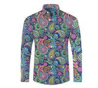 RUMAOZIA Chemise colorée à manches longues pour homme - Style hippies des années 70 - Arc-en-ciel - Rétro - Fleurs hawaïennes - Chemise de loisirs funky hawaïenne - Chemise de fête - Chemise de rue