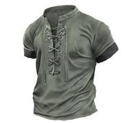 RUMAOZIA Chemise en lin pour homme - Col en V - Henley médiéval - En coton - Rétro - Manches courtes - Chemise viking pour la Renaissance Pirate - Été - Chemises de loisirs - Vintage - Avec lacets, O