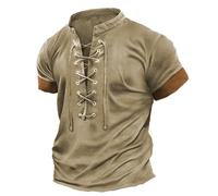 RUMAOZIA Chemise en lin pour homme - Col en V - Henley médiéval - En coton - Rétro - Manches courtes - Chemise viking pour la Renaissance Pirate - Été - Chemises de loisirs - Vintage - Avec lacets, O