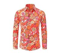 RUMAOZIA Chemise hawaïenne à manches longues pour homme - Style rétro - Style hippie des années 70 - Motif floral - Pour les loisirs, l'été, les loisirs, les fêtes, le Nouvel An - Style hippie - Coupe