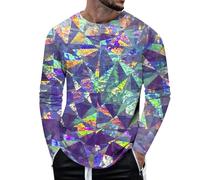 RUMAOZIA Chemises métallisées brillantes pour homme - Imprimé 3D - T-shirt fonctionnel léger - Col rond - Manches longues - T-shirt moderne - Costume disco des années 70, O violet, XL