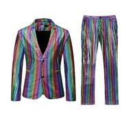 RUMAOZIA Ensemble disco 2 pièces pour homme - Veste et pantalon brillants - Paillettes métalliques - Paillettes des années 70 et 80 - Pour fête, carnaval, discothèque, mariage, O violet, L