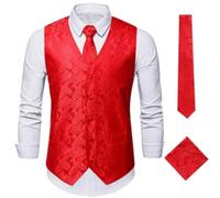 RUMAOZIA Gilet de costume pour homme - Col en V - Élégant - Vintage - Rétro - Gilet d'affaires décontracté + cravate + carré - Coupe ajustée - Élégant - Pour mariage, fête, carnaval, mariage, rouge, M