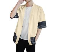 RUMAOZIA Manteau kimono vintage pour homme en mélange de coton et lin léger avec manches 3/4 et devant ouvert - Veste décontractée pour costume samouraï Yukata Haori, O beige., L